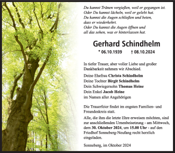 Traueranzeige von Gerhard Schindhelm von Südthüringer Presse