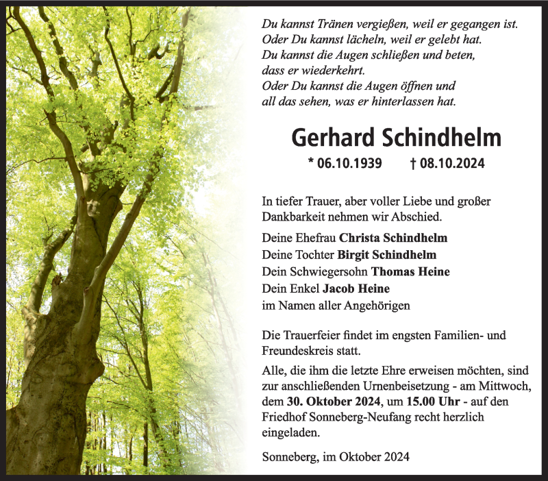  Traueranzeige für Gerhard Schindhelm vom 19.10.2024 aus Südthüringer Presse