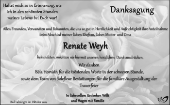 Traueranzeige von Renate Weyh von Südthüringer Presse