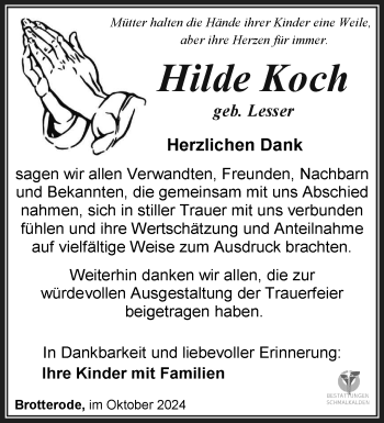 Traueranzeige von Hilde Koch von Südthüringer Presse