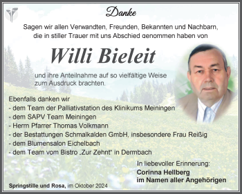 Traueranzeige von Willi Bieleit von Südthüringer Presse