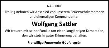 Traueranzeige von Wolfgang Sattler von Frankenpost