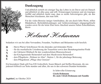 Traueranzeige von Helmut Hohmann von Südthüringer Presse