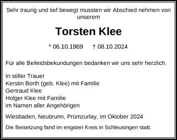 Traueranzeige von Torsten Klee von Südthüringer Presse