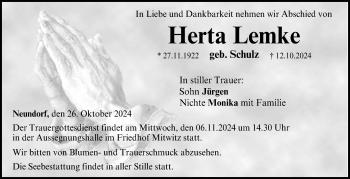Traueranzeige von Herta Lemke von Neue Presse Coburg
