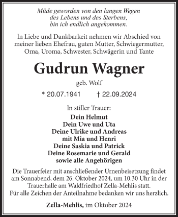 Traueranzeige von Gudrun Wagner von Südthüringer Presse