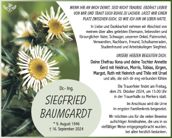 Traueranzeige von Siegfried Baumgardt von Südthüringer Presse