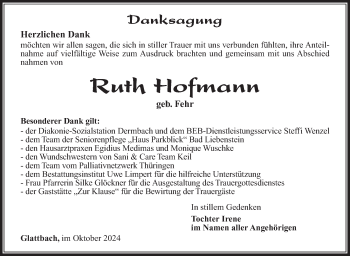Traueranzeige von Ruth Hofmann von Südthüringer Presse