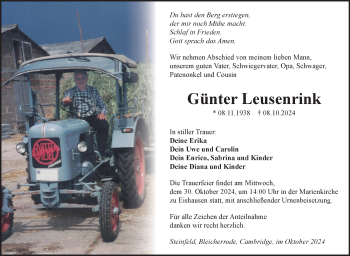 Traueranzeige von Günter Leusenrink von Südthüringer Presse