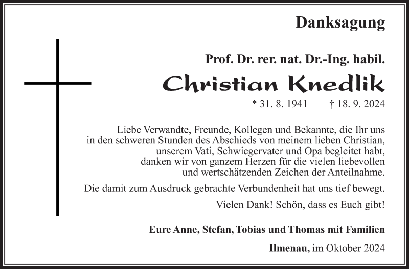  Traueranzeige für Christian Knedlik vom 26.10.2024 aus Südthüringer Presse