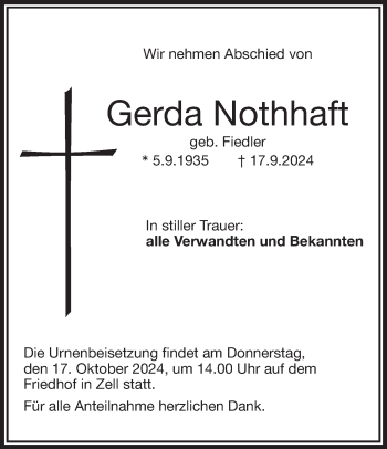 Traueranzeige von Gerda Nothaft von Frankenpost