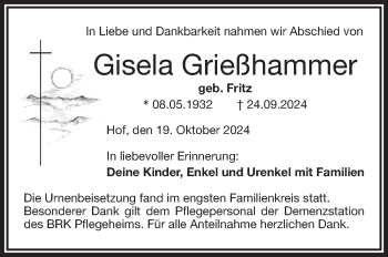 Traueranzeige von Gisela Grießhammer von Frankenpost