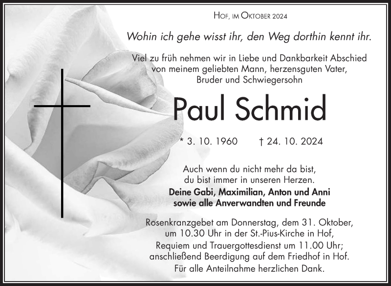  Traueranzeige für Paul Schmid vom 29.10.2024 aus Frankenpost