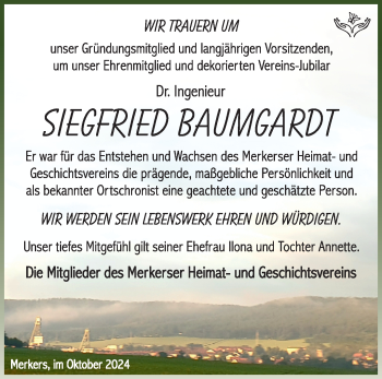 Traueranzeige von Siegfried Baumgardt von Südthüringer Presse