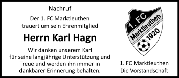 Traueranzeige von Karl Hagn von Frankenpost