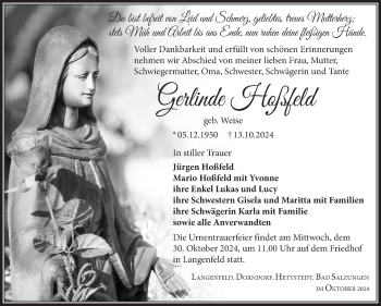 Traueranzeige von Gerlinde Hoßfeld von Südthüringer Presse