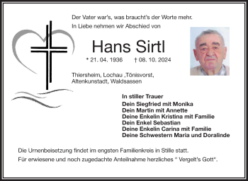 Traueranzeige von Hans Sirtl von Frankenpost