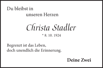 Traueranzeige von Christa Stadler von Neue Presse Coburg