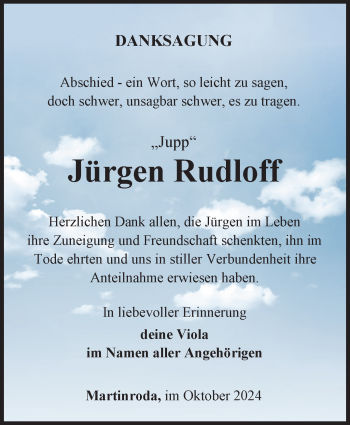 Traueranzeige von Jürgen Rudloff von Südthüringer Presse