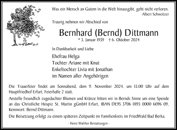 Traueranzeige von Bernhard Dittmann von Südthüringer Presse