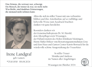 Traueranzeige von Irene Landgraf von Südthüringer Presse
