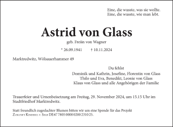 Traueranzeige von Astrid von Glass von Frankenpost