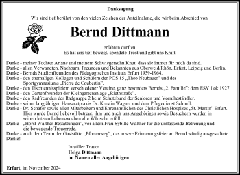 Traueranzeige von Bernhard Dittmann von Südthüringer Presse