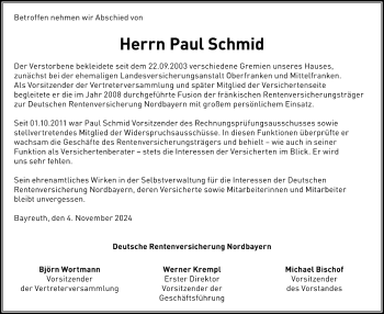 Traueranzeige von Paul Schmid von Frankenpost