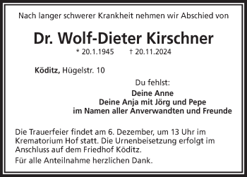 Traueranzeige von Dr. Wolf-Dieter Kirschner von Frankenpost