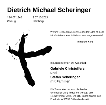 Traueranzeige von Dietrich Michael Scheringer von Neue Presse Coburg