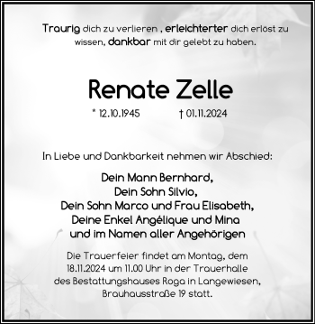 Traueranzeige von Renate Zelle von Südthüringer Presse