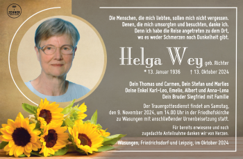 Traueranzeige von Helga Wey von Südthüringer Presse