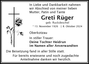 Traueranzeige von Greti Rüger von Frankenpost