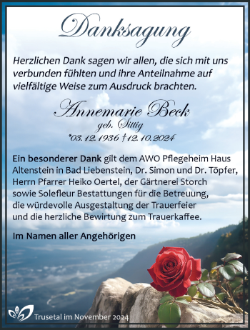 Traueranzeige von Annemarie Beck von Südthüringer Presse
