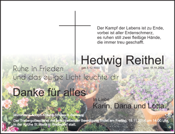 Traueranzeige von Hedwig Reithel von Frankenpost