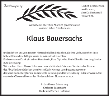 Traueranzeige von Klaus Bauersachs von Südthüringer Presse