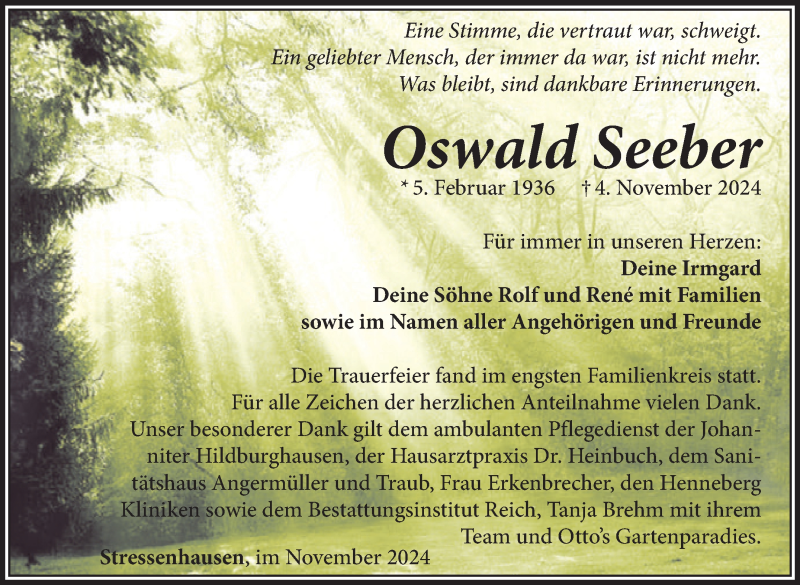  Traueranzeige für Oswald Seeber vom 23.11.2024 aus Südthüringer Presse