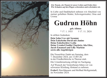 Traueranzeige von Gudrun Höhn von Südthüringer Presse