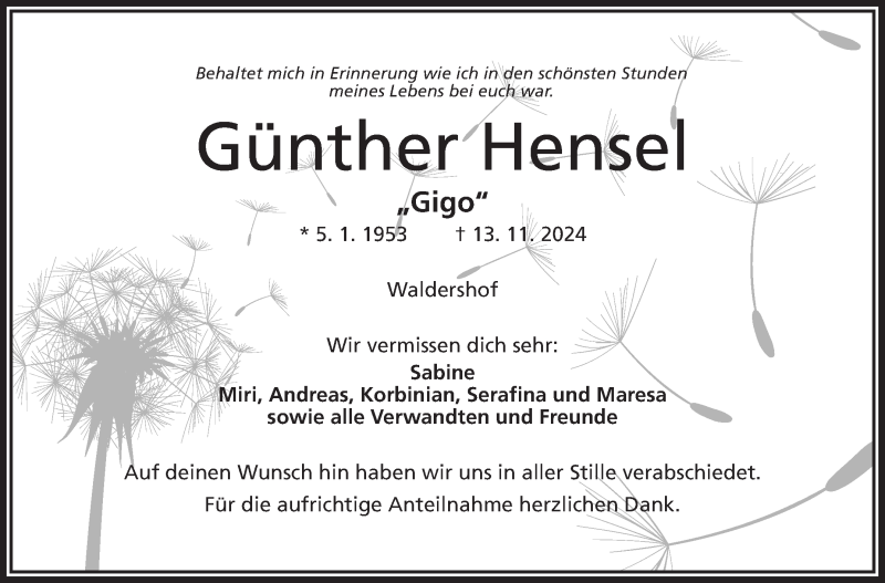  Traueranzeige für Günther Hensel vom 23.11.2024 aus Frankenpost