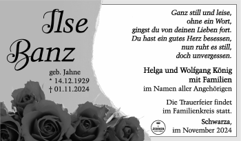 Traueranzeige von Ilse Banz von Südthüringer Presse