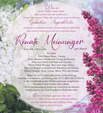 Traueranzeige von Renate Meininger von Südthüringer Presse