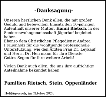 Traueranzeige von Hanni Rietsch von Frankenpost