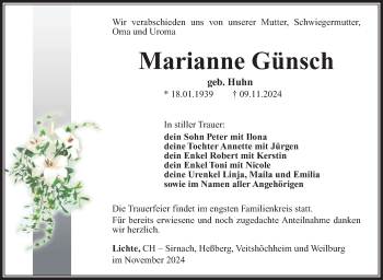 Traueranzeige von Marianne Günsch von Südthüringer Presse