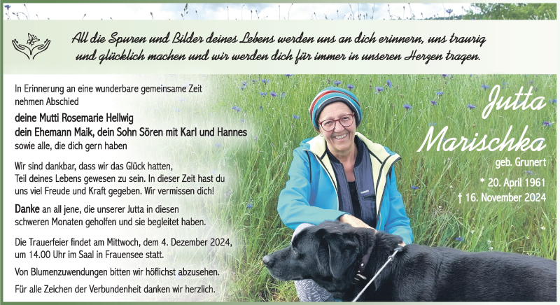  Traueranzeige für Jutta Marischka vom 30.11.2024 aus Südthüringer Presse