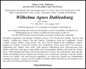 Traueranzeige von Wilhelma Dahlenburg von Südthüringer Presse