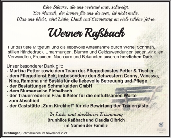 Traueranzeige von Werner Raßbach von Südthüringer Presse
