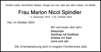 Traueranzeige von Marion Spindler von Frankenpost