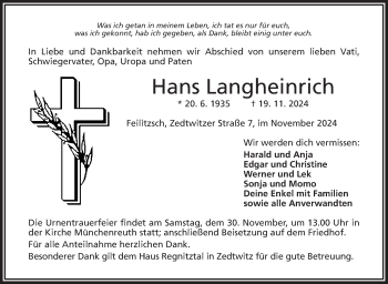 Traueranzeige von Hans Langheinrich von Frankenpost