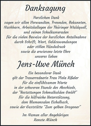 Traueranzeige von Jens-Uwe Münch von Südthüringer Presse