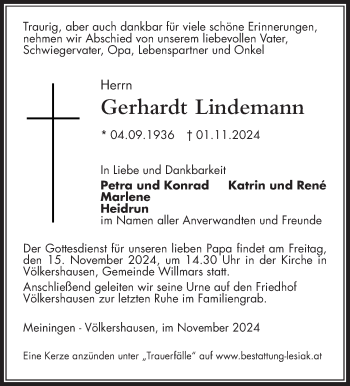 Traueranzeige von Gerhardt Lindemann von Südthüringer Presse